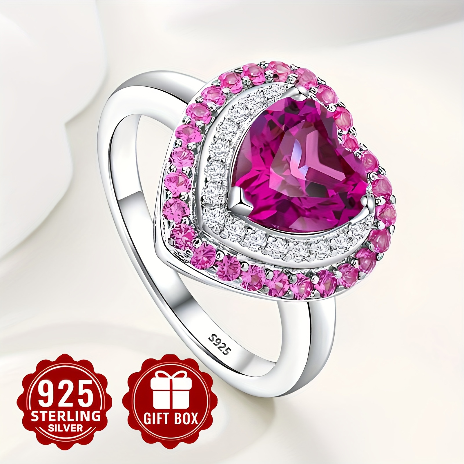 Pink Sparkling Zirconia Ring S925 Silver Heart Shape